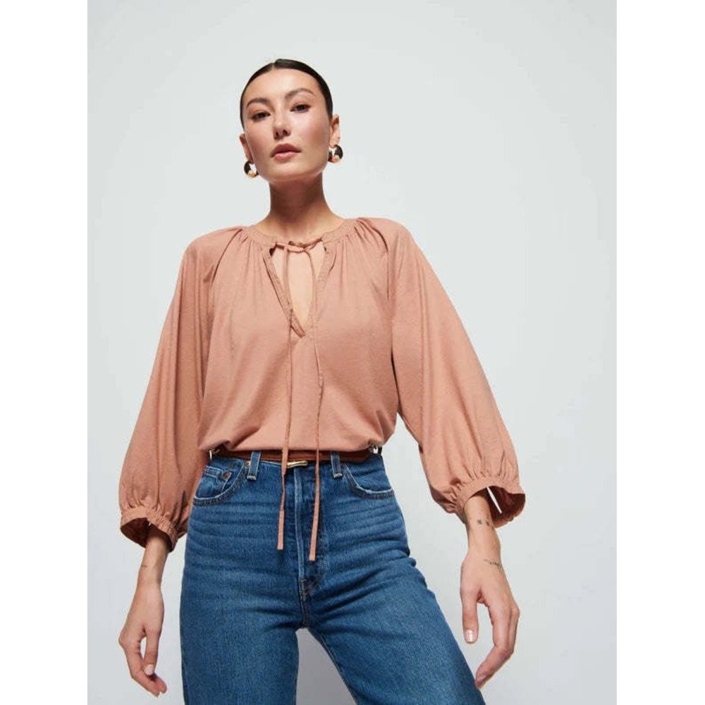 Nation LTD Brylee Top Dusty Rose Satin Tie Neck Blouse Long Sleeve Pink Medium